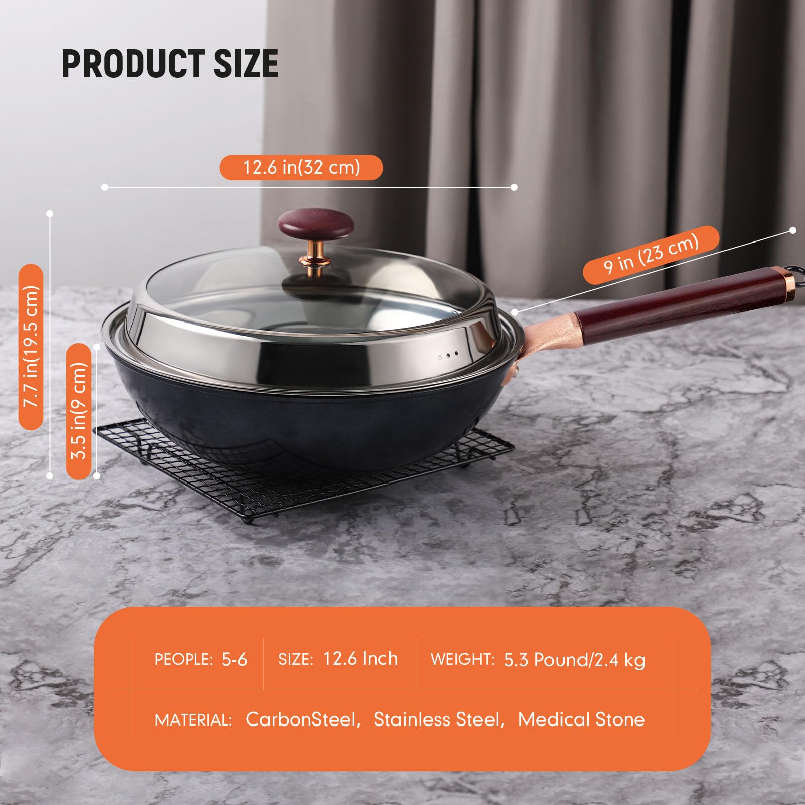 Kseroo 12.5” Woks & Stir-Fry Pans with Lid Steamer, Nonstick Ceramic Wok Pan with Lid, Deep Large Induction Hard Anodized Frying Wok, Carbon Steel Wok Set Flat Bottom, Large Saute Pan Set