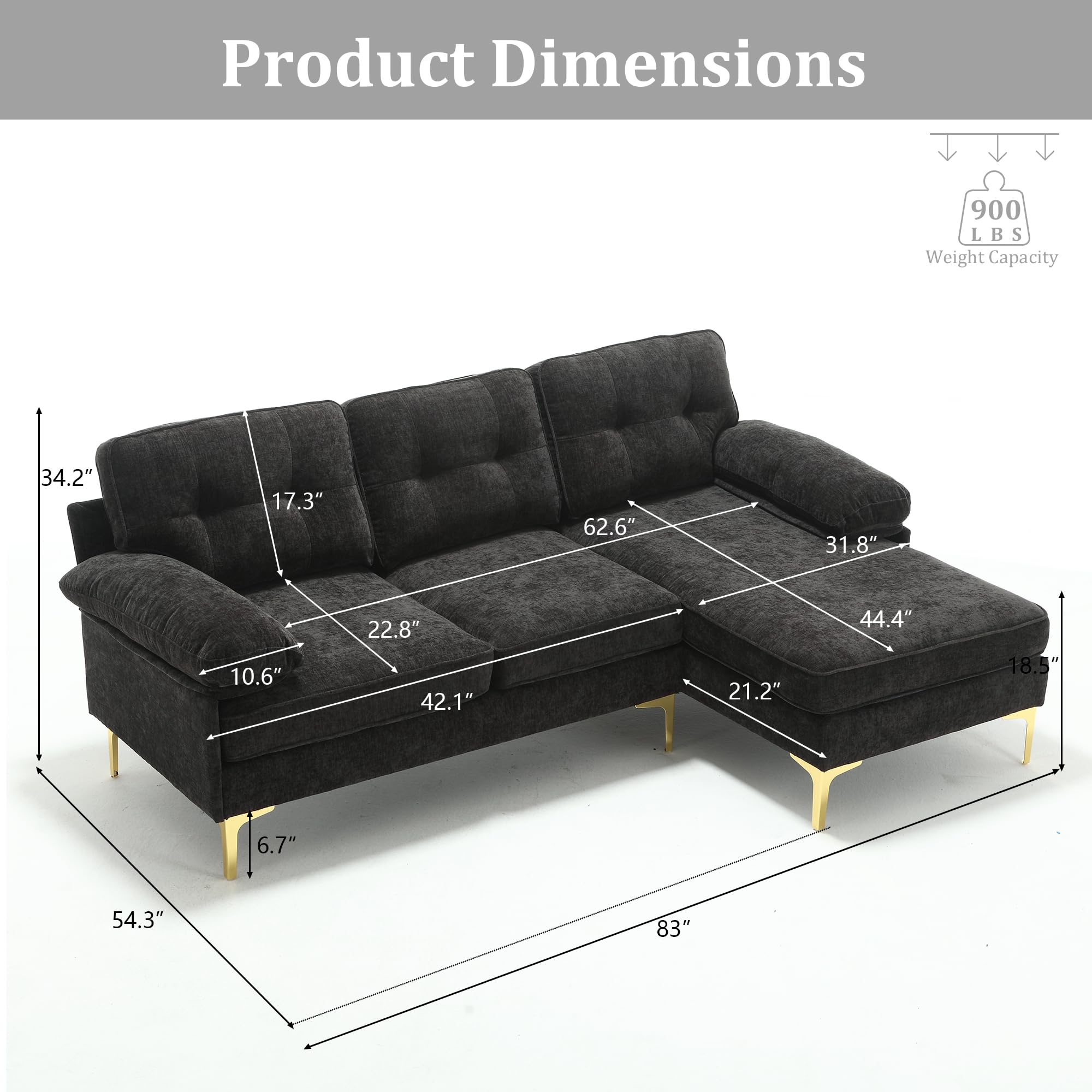 VEPXXP 83" Convertible L Shaped Sofa, Modern Sectional Sofa with Chaise & Comfy Cushion, Chenille 3 Seater Couch Small Couches for Living Room Apartment Small Space, Black