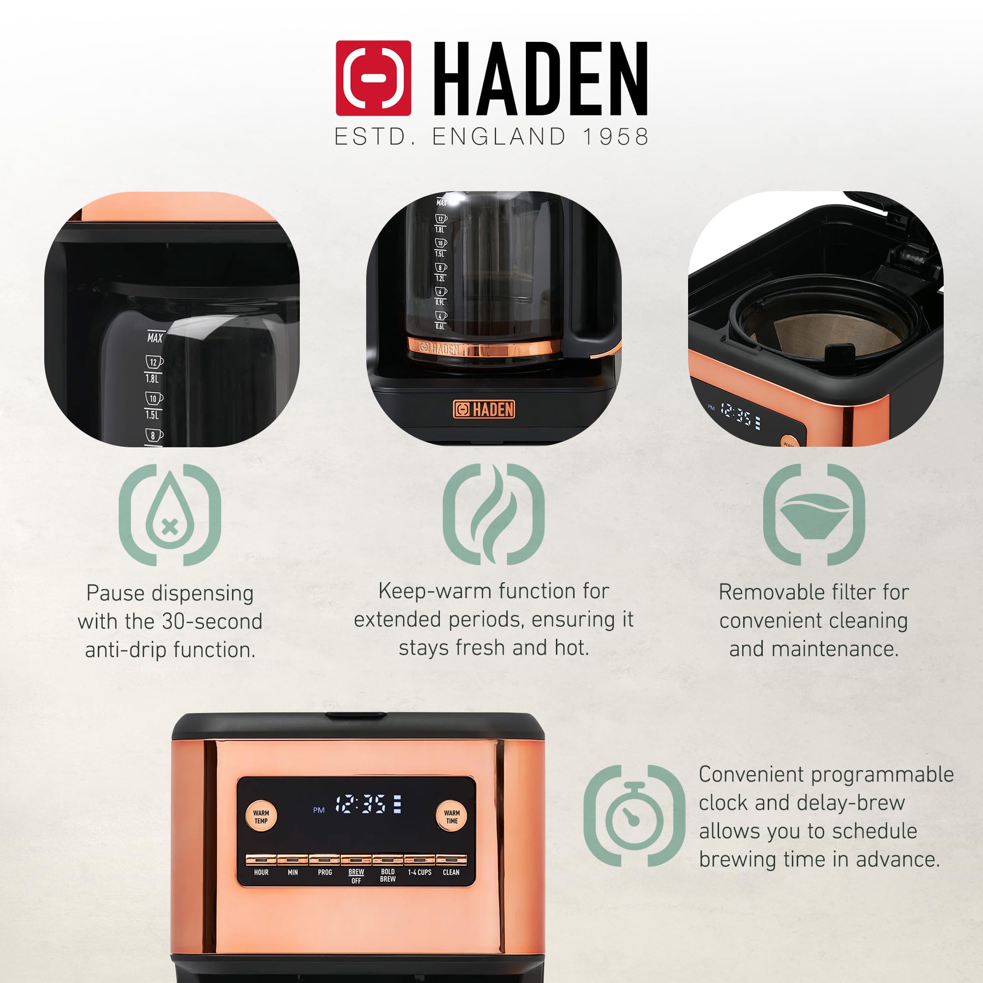 HADEN Generous Brew 14 Cup Coffee Maker with 120 Minute Keep Warm, Delay Brew, Adjustable Strength, Programmable Clock, and Anti Drip, Black/Copper