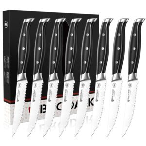 brodark steak knives set of 8, serrated steak knives with full tang handle, high carbon stainless steel steak knife set, nsf certified, steel-king series