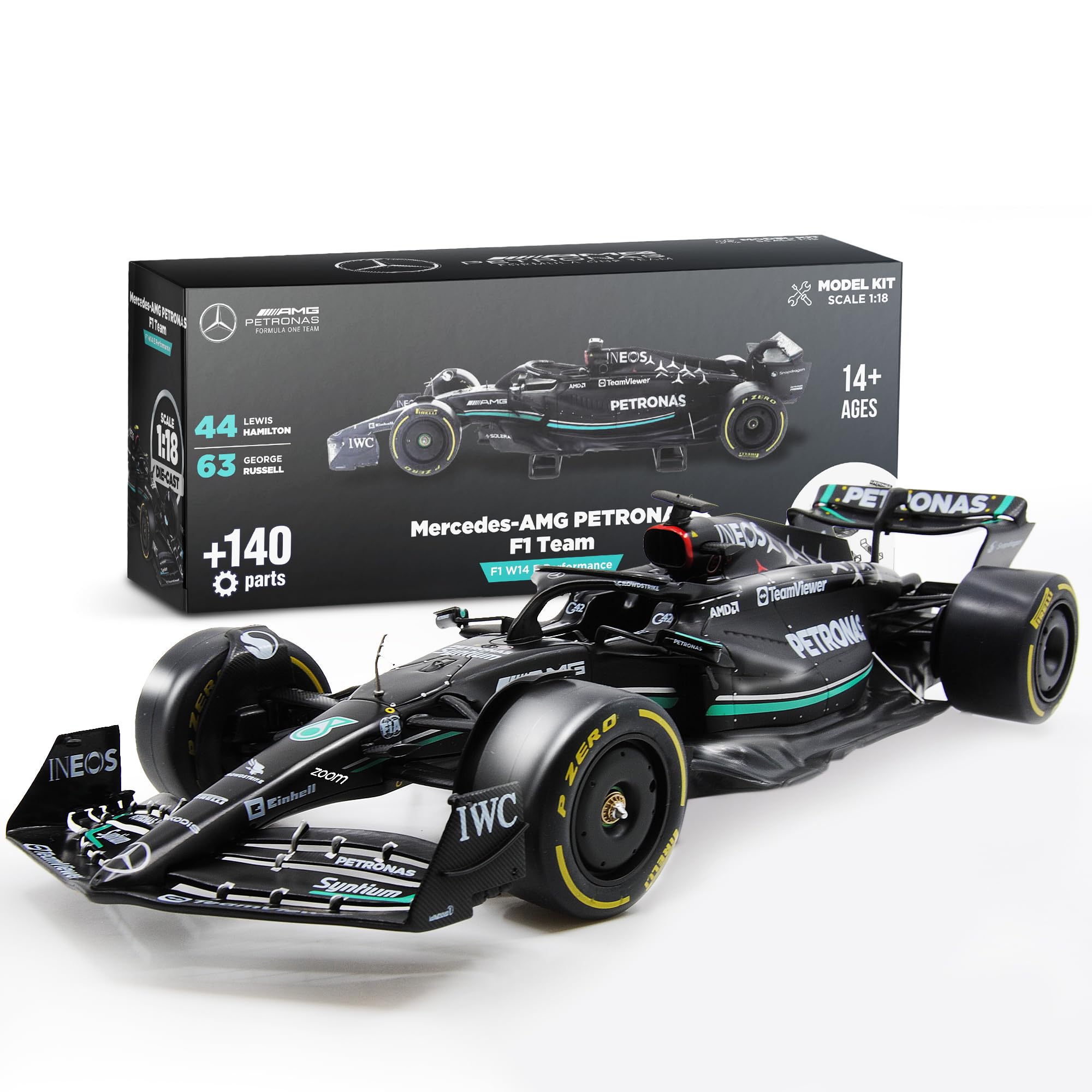 Formula 1 AMG W14 Model Kit - 1:18 Scale Racing F1 AMG W14 E Performance Model Inspired by Lewis Hamilton & George Russell Building kit, Collectible diecast, 140 Pieces