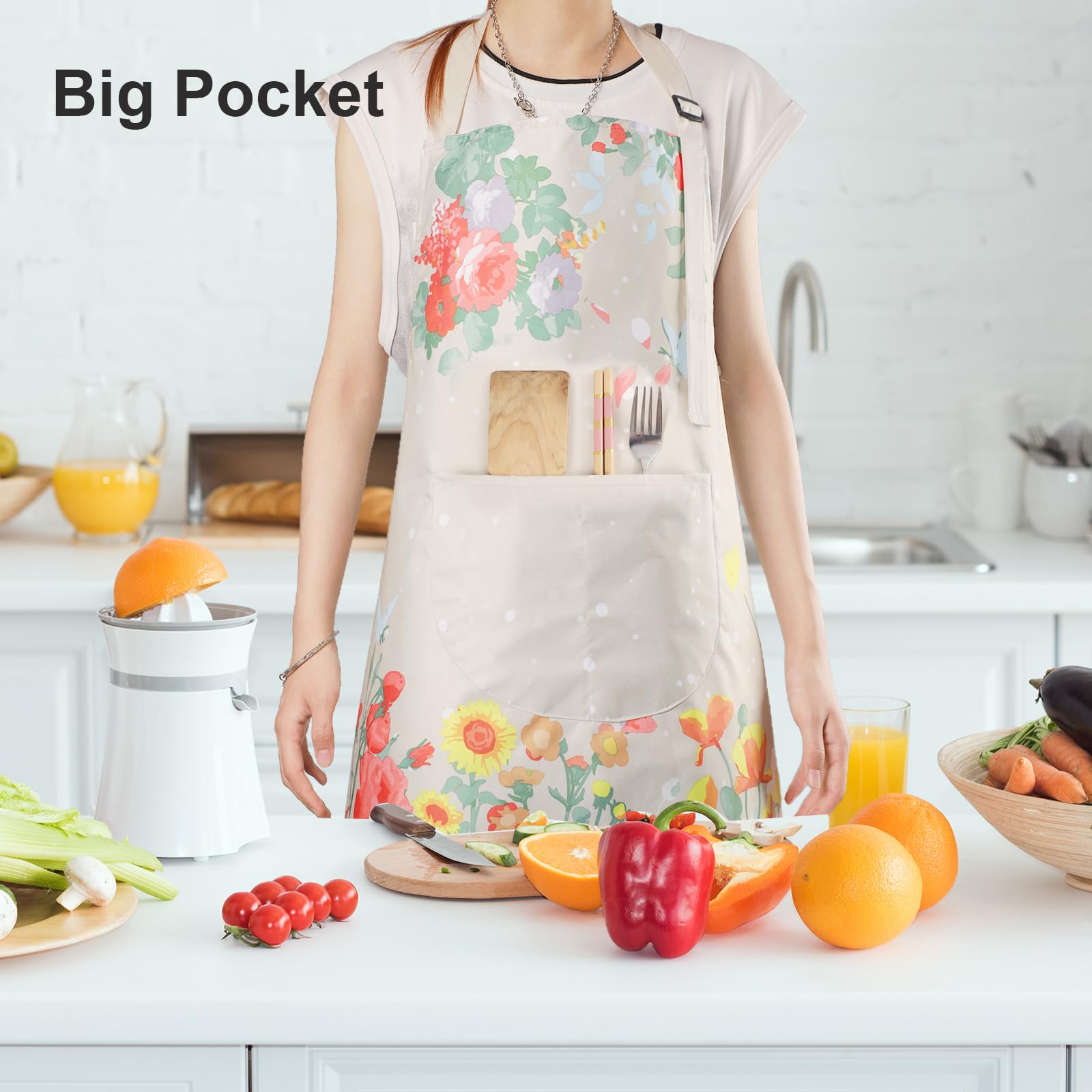 IHFAIO Apron for Women with Pockets, 2 Pcs Waterproof Floral Apron with Adjustable Neck Strap for Cooking, Baking, Gardening, Crafts