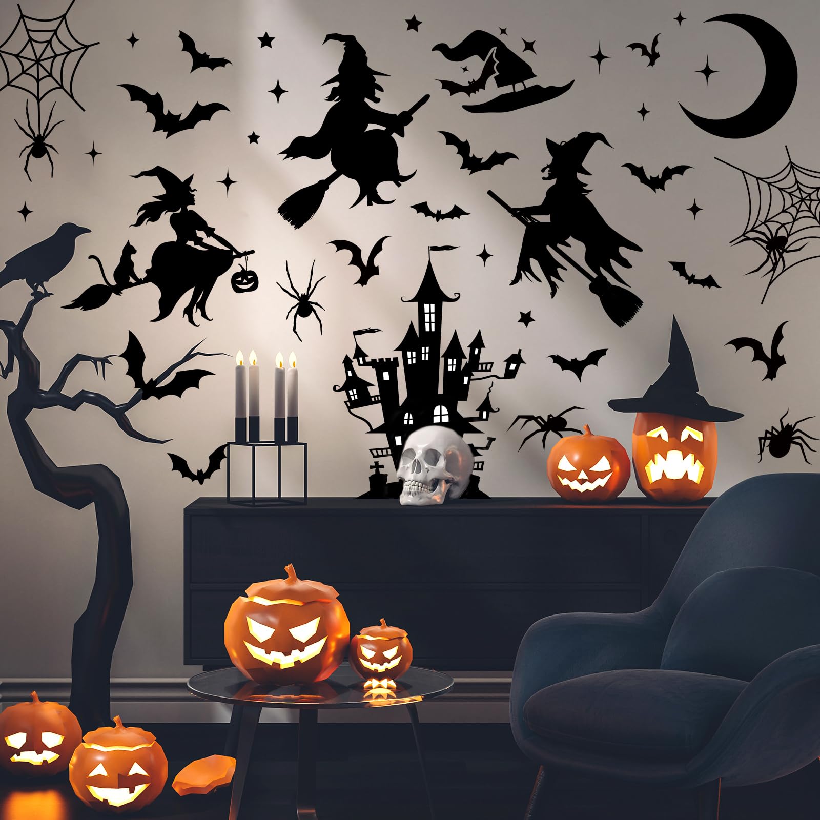 JarThenaAMCS Halloween Wall Stickers Black Witch Castle Spider Bat Wall Decals Removable Room Mural Stickers for Home Hocus Pocus Party Decor, 11.8 x 13.8 Inch, 8 Sheets