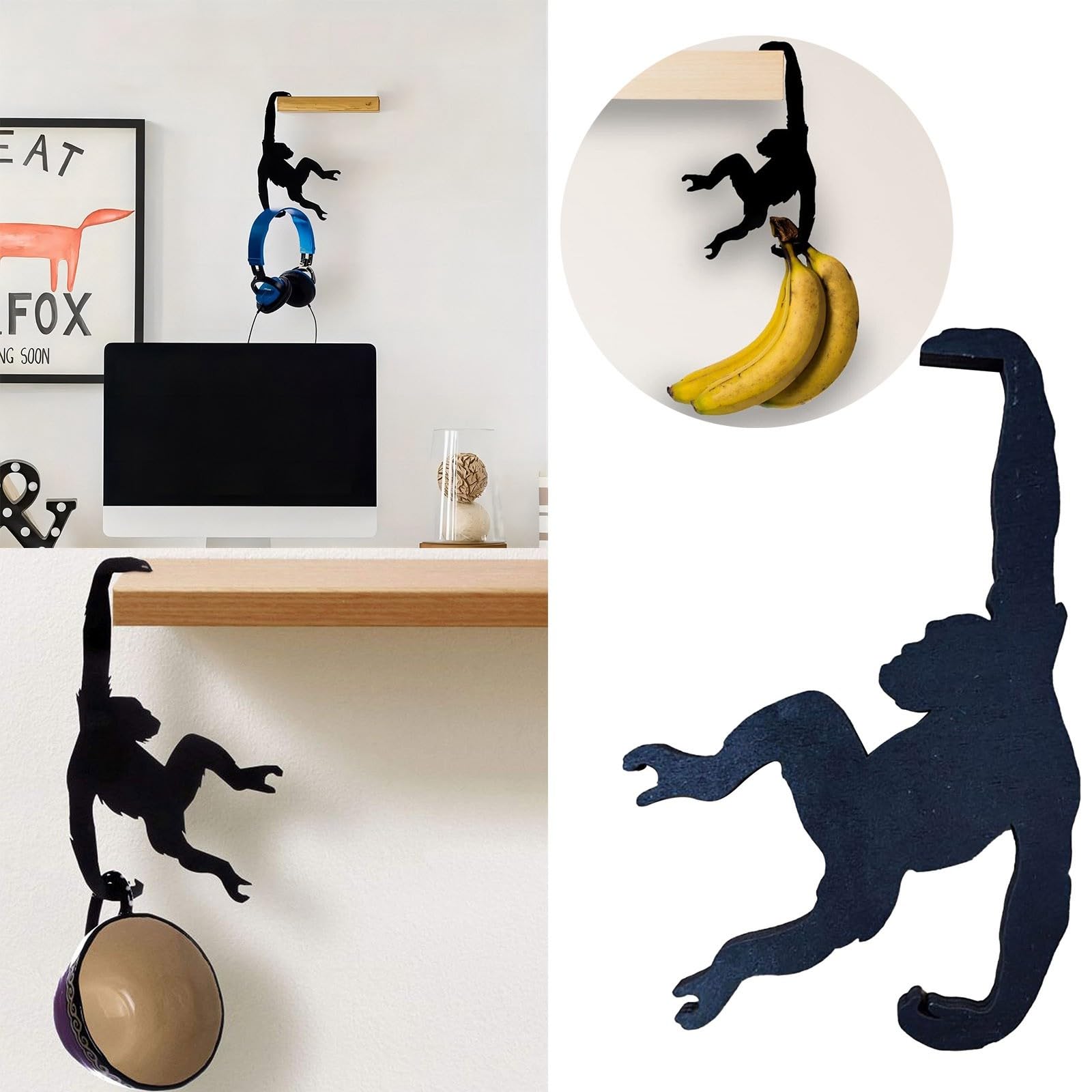 Unique Holder Balance Hook, Monkey Decorative Wall Mounted Hooks Wooden Hanger, Magic Hook for Hanging Plants Jackets Keys or Stylish Purse Hanger (5)