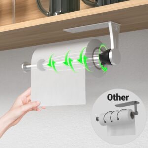 Paper Towel Holder Under Cabinet, Single Hand Operable Wall Mount with Damping Effect, Self-Adhesive or Drilled for Kitchen Bathroom, Black (Silver)