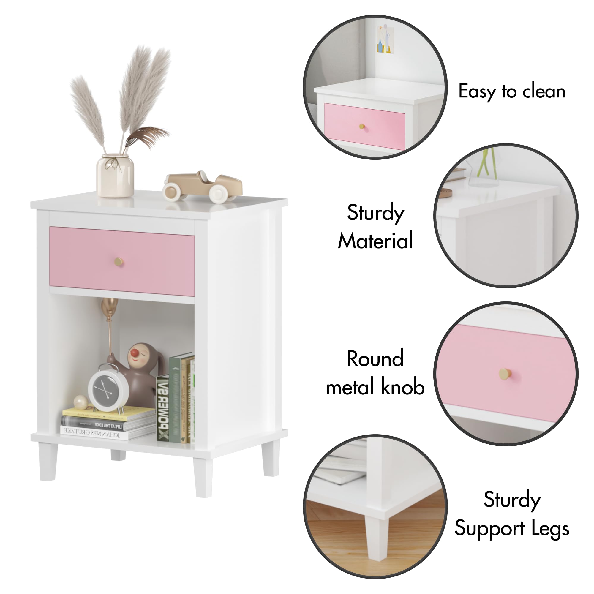 ALYIAMXL Kids Nightstand Modern Kids Bedside Table with Drawer & Open Storage Shelf Wood End Side Table Toddler Nightstand for Bedroom Living Room (Pink)