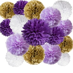 16 pcs gold purple lavender and white tissue pom poms kit, tissue paper flowers for birthday, graduation party, bridal shower festival decorations