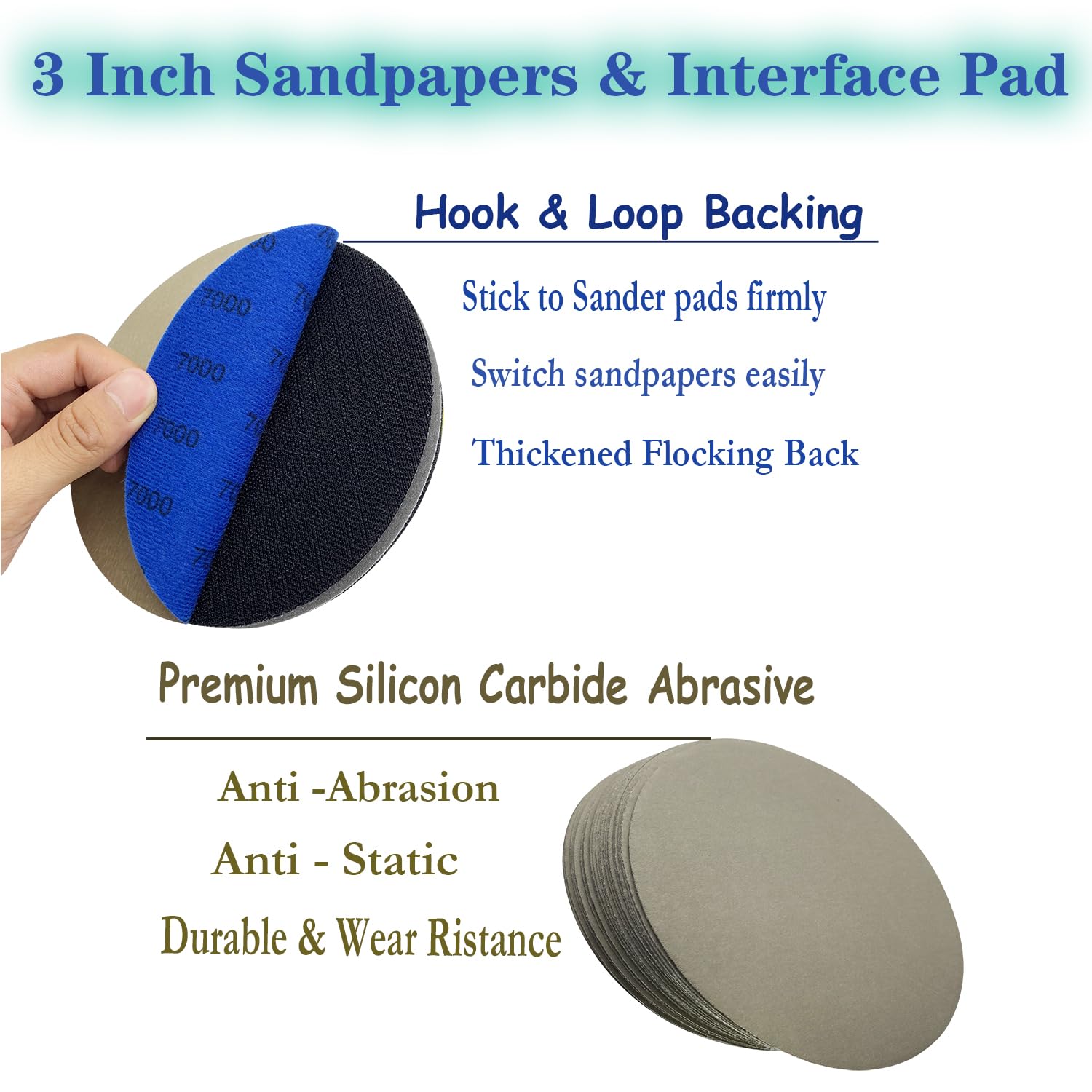 3 Inch Sanding Discs, 600-5000 Grit Premium Silicon Carbide Sandpaper with 1 Interface Pad, 40pcs Wet Dry Hook and Loop Sand Paper for Wood Metal or Auto