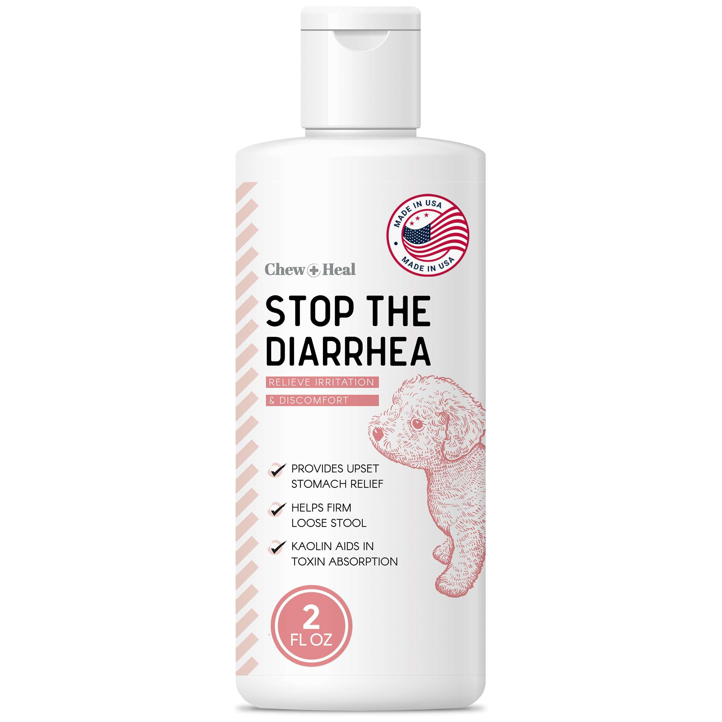 Chew + Heal Labs Anti Diarrhea for Dogs - 2 oz. of Stop The Diarrhea Liquid Supplement with Kaolin - for Diarrhea and Upset Stomach Relief - Made in The USA