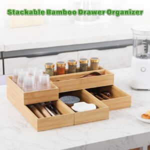 Bamboo Drawer Organizer, 2PCS Stackable Storage Boxes for Utensil Organizer, Wood Tray for kitchen, Bathroom and Bedroom 12" x 3" x 2"