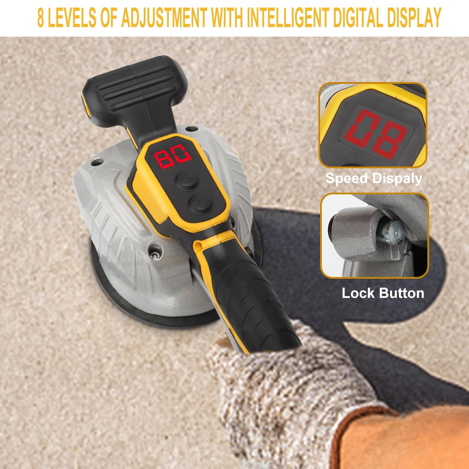 Tile vibration tool for Dewalt 20V Battery, CordlessTile Vibration Leveling Machine with Brushless Motor and 4mm shafts,150 W tile vibrator with 8 Adjustable Speed, 5'' Suction Cup, LCD Display