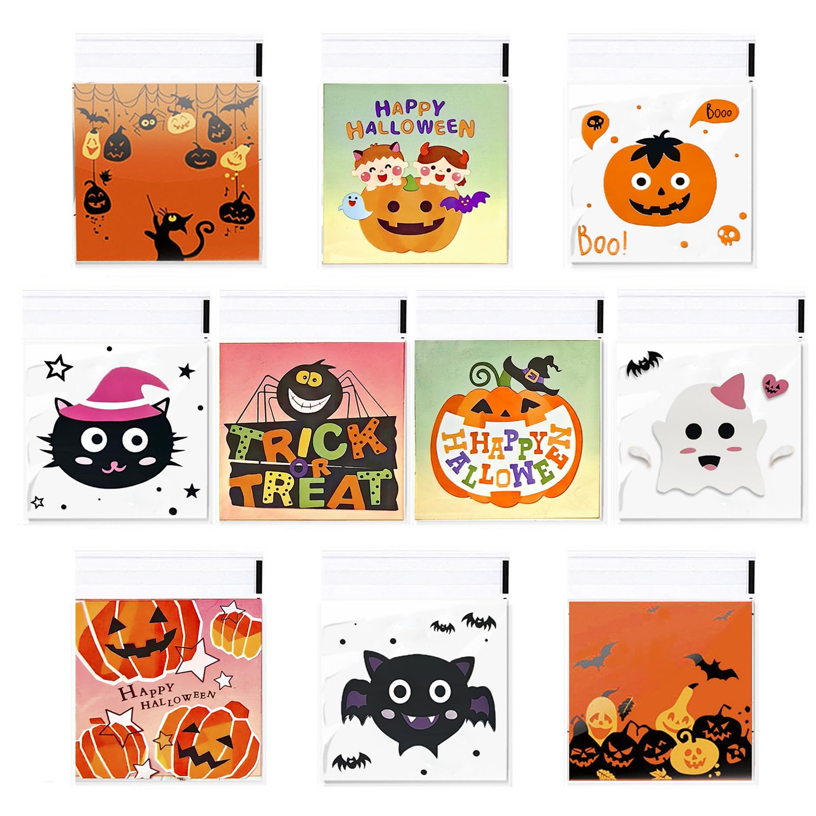 AXYEEUR 400 Pcs Halloween Candy Bags,Halloween Self Adhesive Clear Cookie Treat Bags,10 Styles Halloween Cellophane Bags for Party Favors Supplies