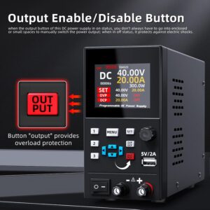 BSIDE 40V 20A DC Power Supply Variable, Programmable with Encoder Knob, Adjustable Switching Regulated Bench Power Supply, 4-Digits LED Display with Memory Storage, 5V/2A USB Ports and Output Button