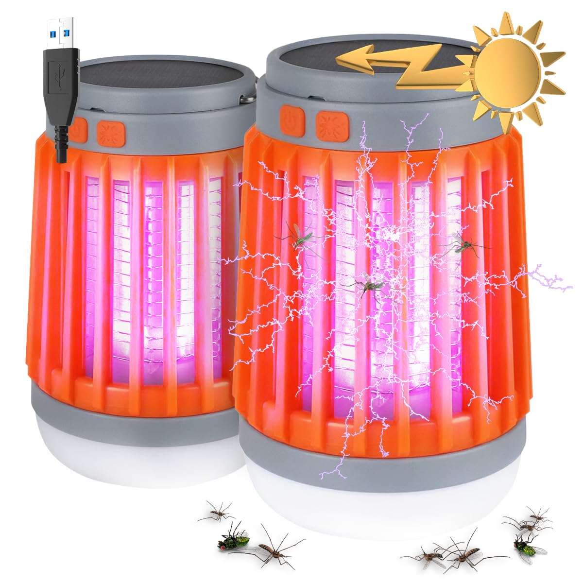 (2 Pack) Mozz Guard Mosquito Zapper 2024, MozzGuard Mosquito Repellent Outdoor Patio Indoor Outdoor Light Buzz Bulb, Cordless Camping Light, Bug Fly Zapper USB Solar Rechargeable Mosquito Lantern