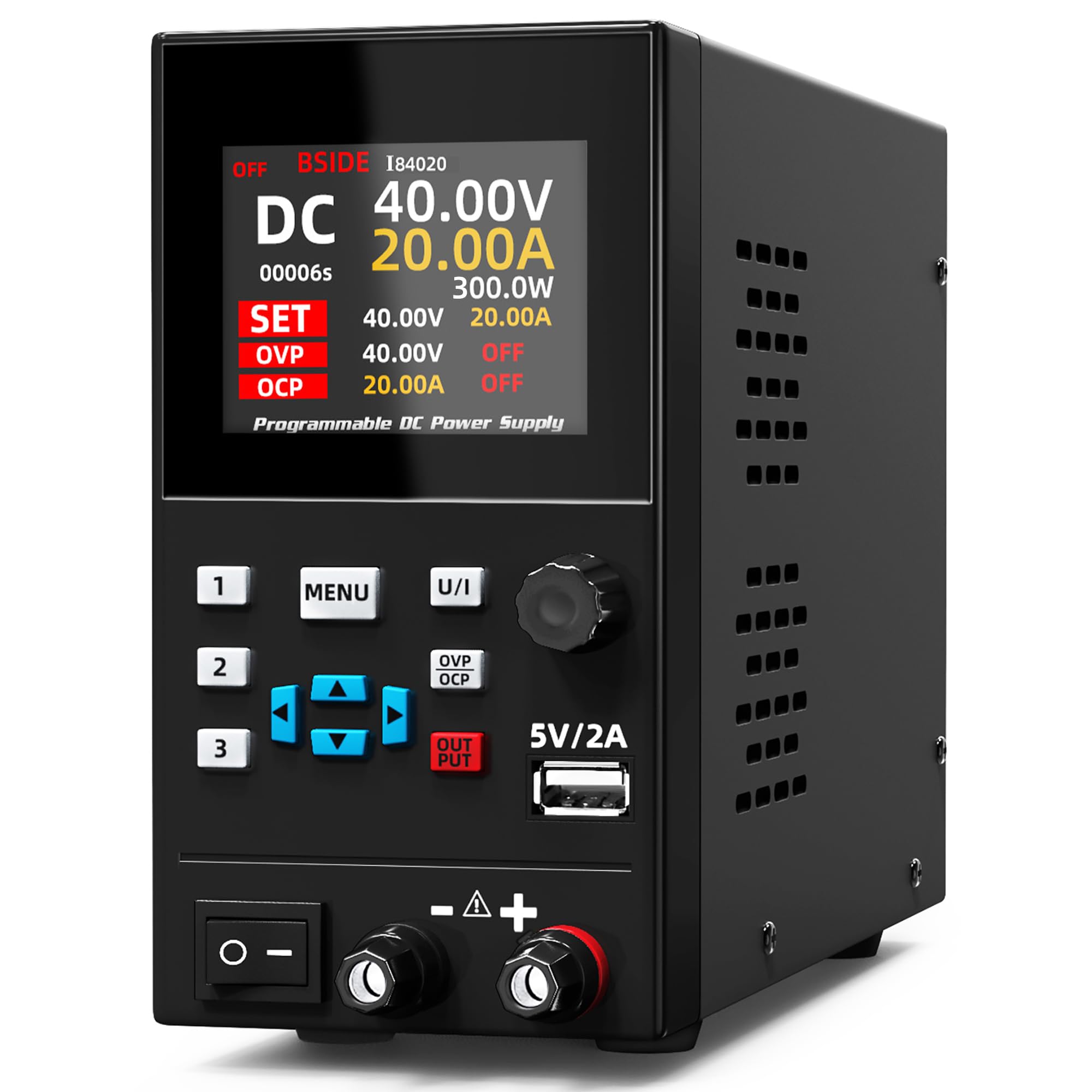 BSIDE 40V 20A DC Power Supply Variable, Programmable with Encoder Knob, Adjustable Switching Regulated Bench Power Supply, 4-Digits LED Display with Memory Storage, 5V/2A USB Ports and Output Button