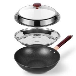 kseroo 12.5” woks & stir-fry pans with lid steamer, nonstick ceramic wok pan with lid, deep large induction hard anodized frying wok, carbon steel wok set flat bottom, large saute pan set