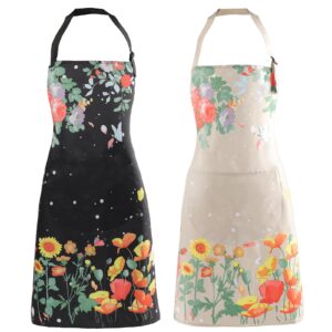 ihfaio apron for women with pockets, 2 pcs waterproof floral apron with adjustable neck strap for cooking, baking, gardening, crafts