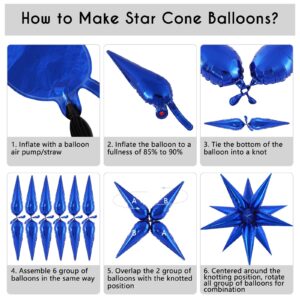 72 Pcs Star Balloons Foil Explosion Balloons Magic 12 Point Star Cone Balloons Large for Birthday Wedding Anniversary Graduation Halloween Party Decorations Backdrops (Blue)