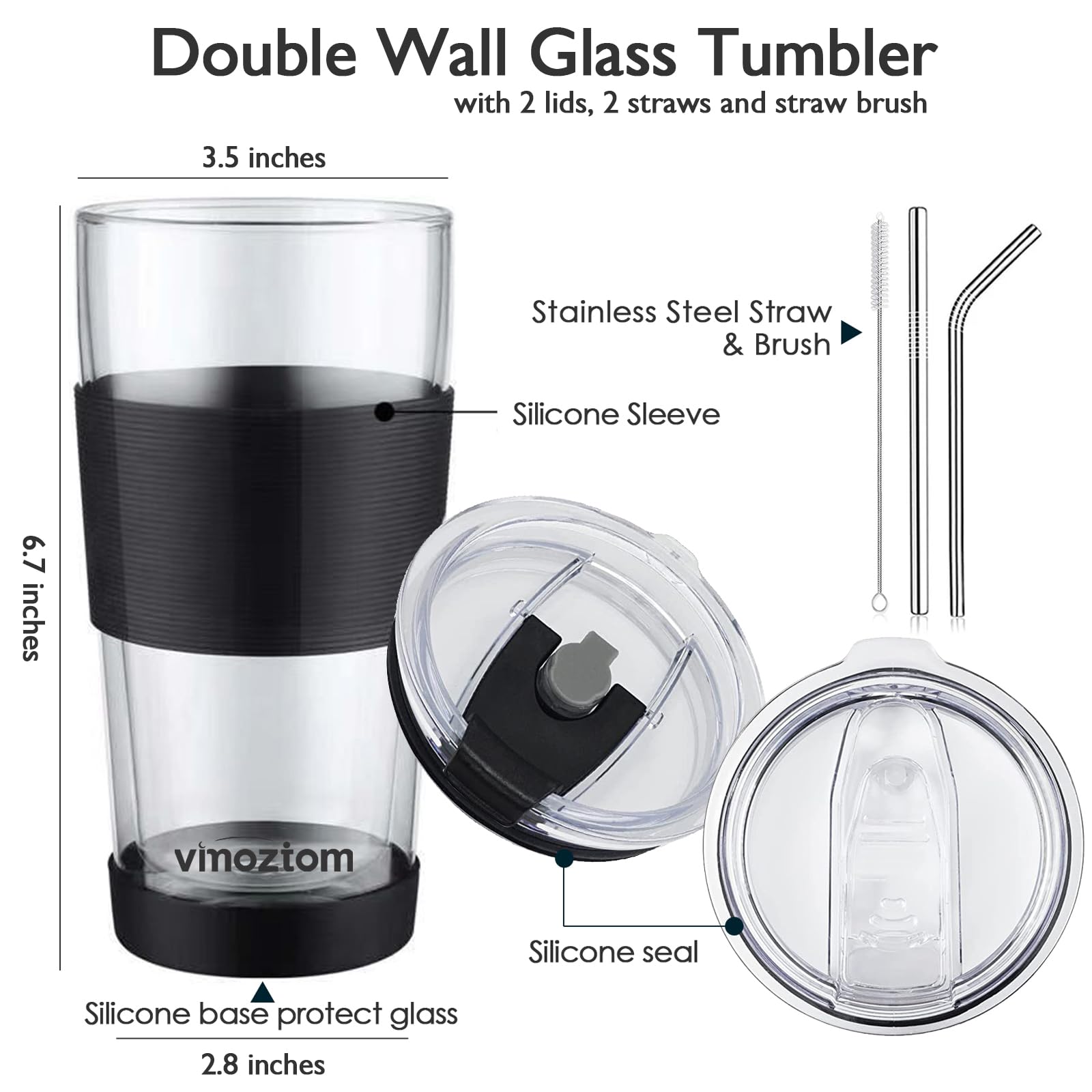 VIMOZTOM Double Wall Glass Tumbler with Straw and Leak-proof Lid, 17 oz Borosilicate Glass Coffee Travel Mug, Clear Reusable To Go Cup, BPA-free, Microwave Safe