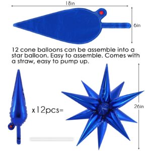 72 Pcs Star Balloons Foil Explosion Balloons Magic 12 Point Star Cone Balloons Large for Birthday Wedding Anniversary Graduation Halloween Party Decorations Backdrops (Blue)