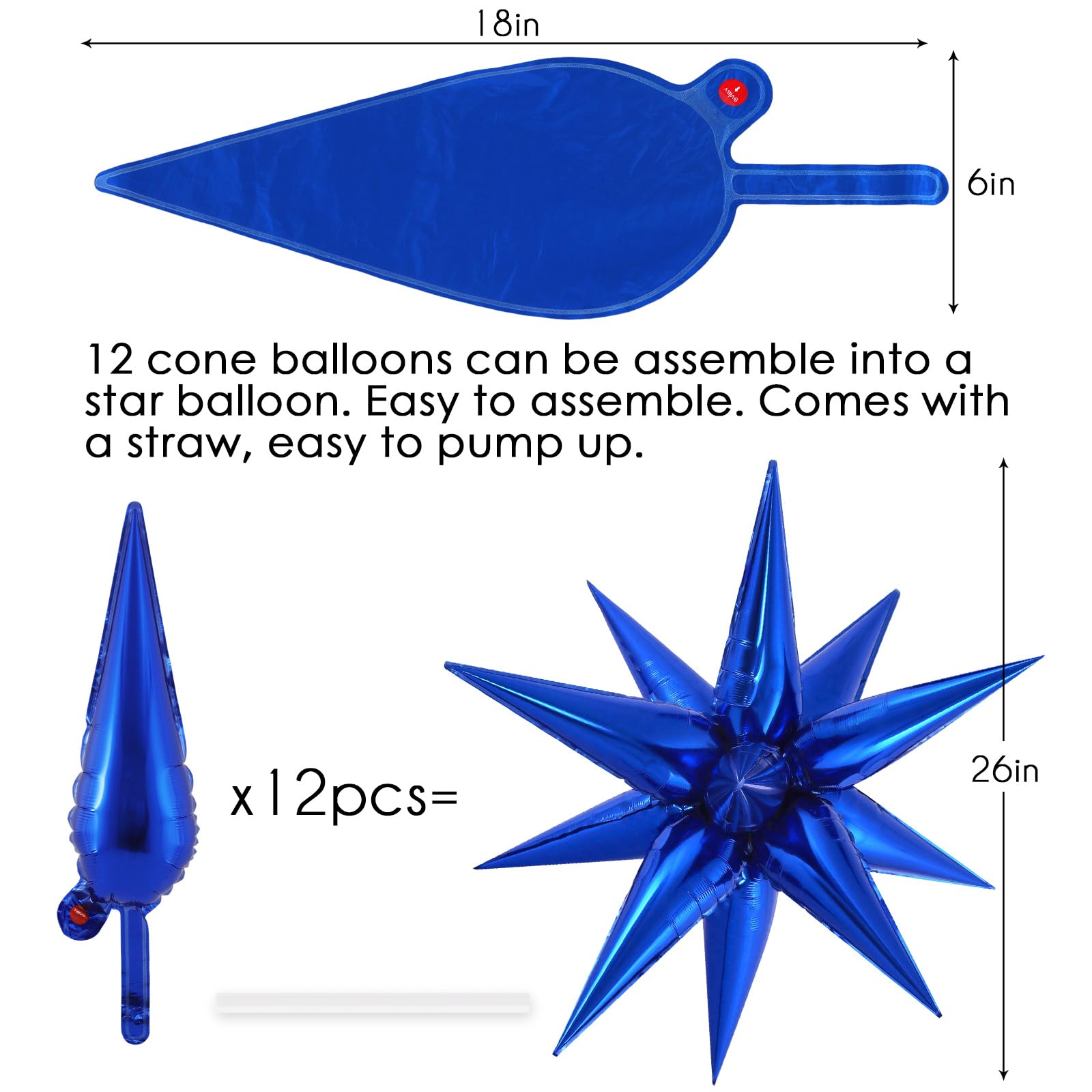 72 Pcs Star Balloons Foil Explosion Balloons Magic 12 Point Star Cone Balloons Large for Birthday Wedding Anniversary Graduation Halloween Party Decorations Backdrops (Blue)