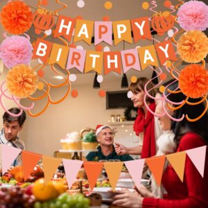 Thanksgiving Birthday Party Decorations Pink and Orange Groovy Party Decorations Pumpkin Happy Birthday Banner Fall Autumn Thanksgiving Harvest Birthday Decorations for Fireplace Mantle Home