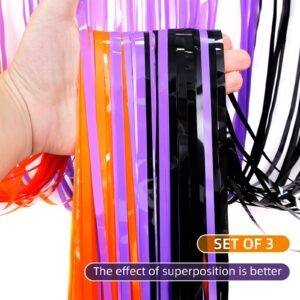 Ohiyoo Halloween Foil Fringe Curtains 3 Pack 3.3 X 6.6 ft Black Purple Orange Fringe Curtains Halloween Party Photo Backdrop Streamer Backdrop for Birthday Halloween Party Decoration (Style B)