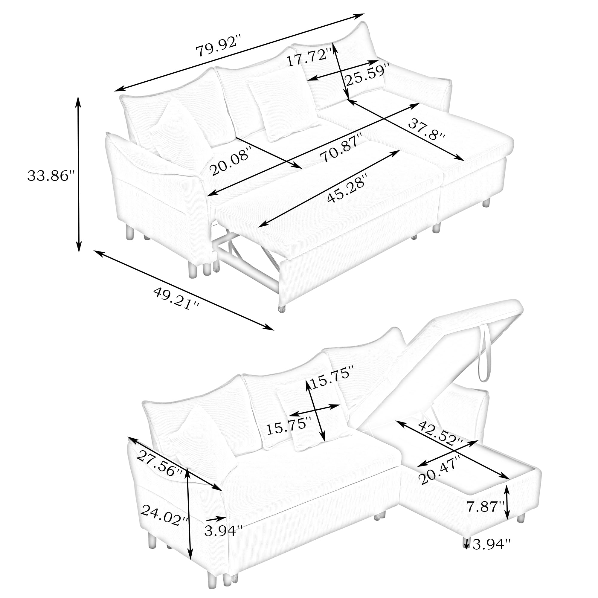 FHUKMZOI 80" Corduroy L-Shaped Convertible Sectional Couches Sofa with Reversible Storage Chaise, Pull-Out Sleeper Sofa Bed with Throw Pillows for Living Room, Office, Apartment (Orange)