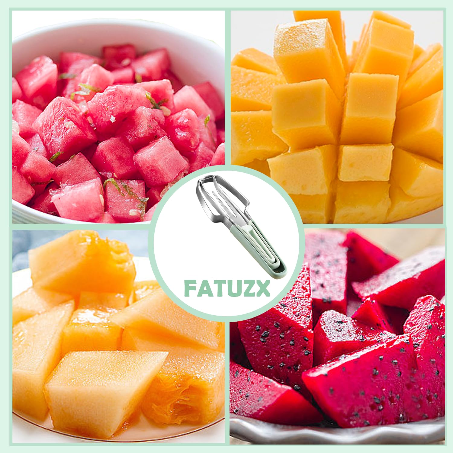 FATUXZ 3-in-1 Watermelon Cutter Slicer Fork, Portable Fruit Slicer Cutter Knife and Watermelon Cube Stainless Steel Popsicle Melon Cutter for Kitchen Gadgets