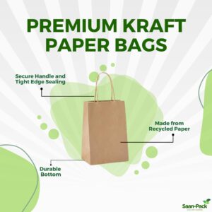 Saan-Pack Brown Paper Bags with Handles, 8" x 4.5" x 10.25", Pack of 250, Medium Kraft Paper Bags, Ideal as Gift Bags Bulk, Retail Bags, Merchandise Bags, Goody Bags, Wedding Gift Bag or To Go Bags