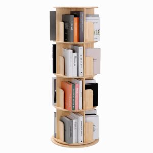 hhgrapehh rotating bookshelf, 360 display corner bookshelf for small space, 4 tier floor standing bookcase storage rack, wood narrow organizer for bedroom, living room, study room, kids&adults solid