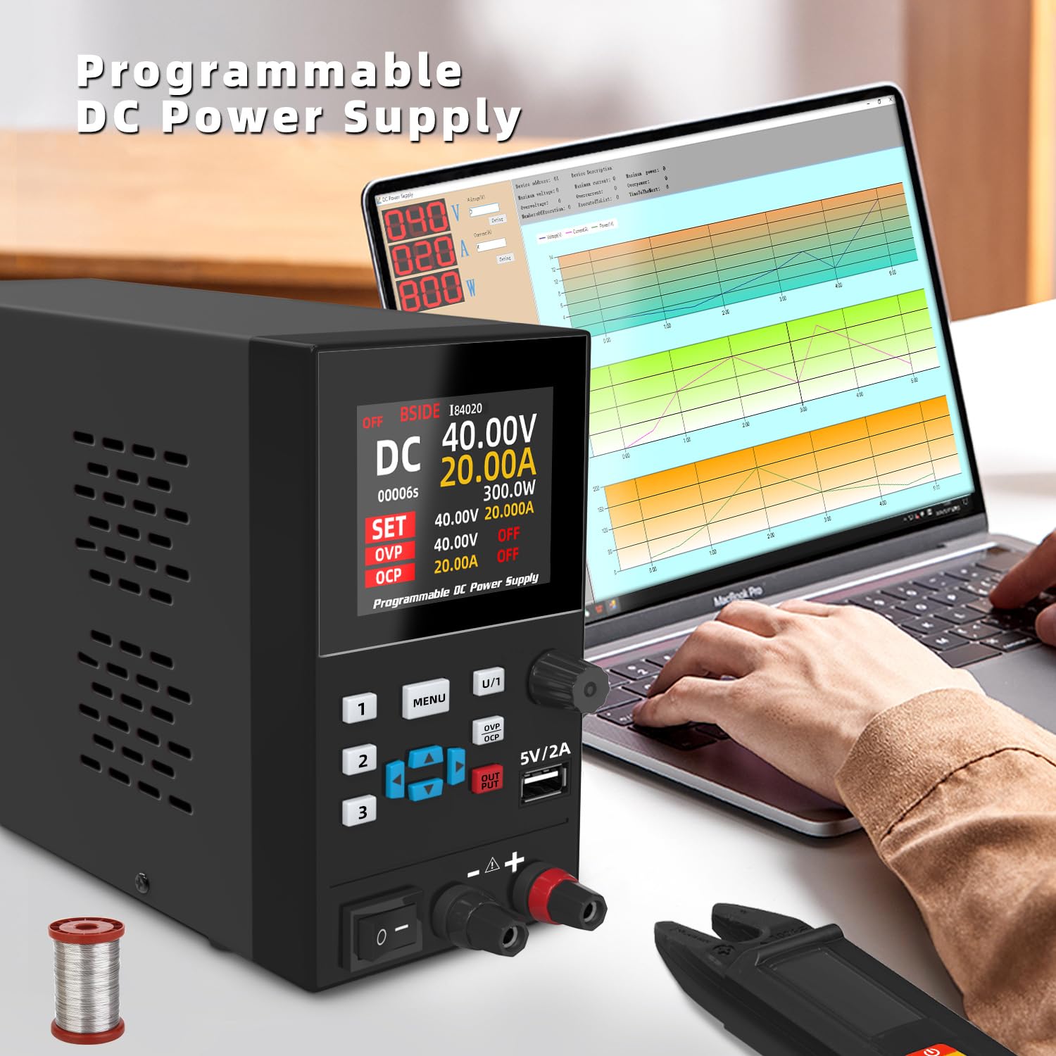 BSIDE 40V 20A DC Power Supply Variable, Programmable with Encoder Knob, Adjustable Switching Regulated Bench Power Supply, 4-Digits LED Display with Memory Storage, 5V/2A USB Ports and Output Button