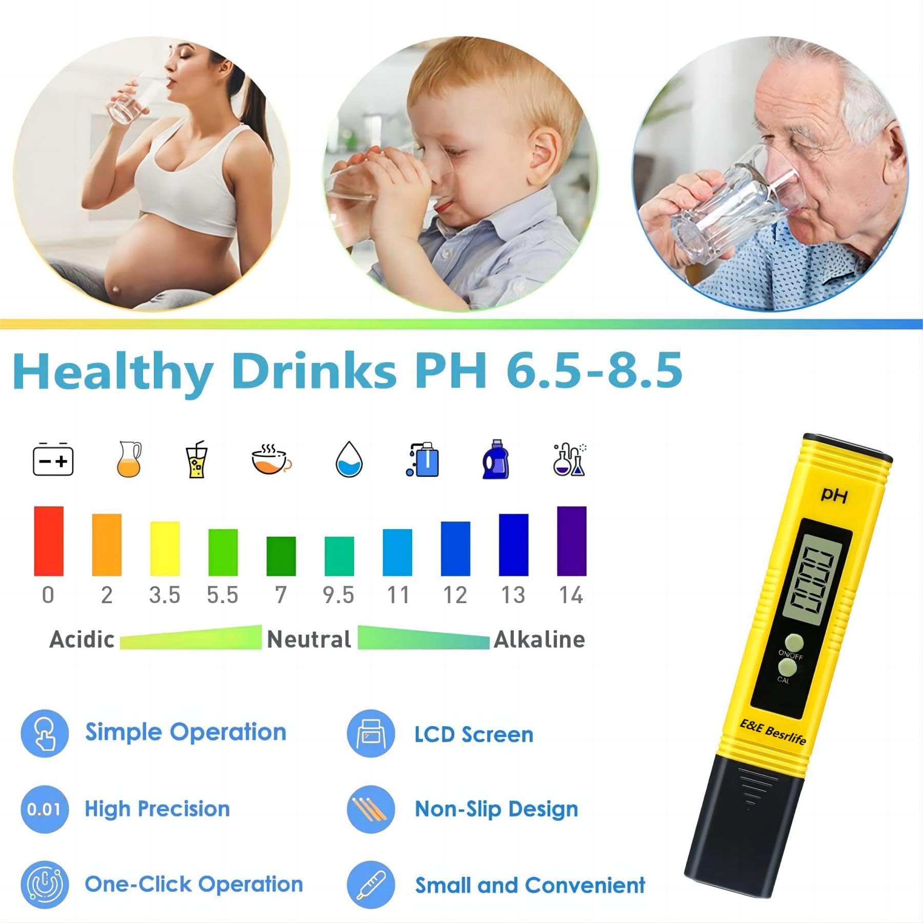 E&E Bestlife Digital pH Meter, 0.01 pH high Accuracy, Water Quality Detection Pen Type, Used in hydroponics, Drinking Water, Swimming Pools, Aquariums and Other scenarios