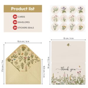 Artoid Mode 24 Pack Fall Wildflower Thank You Cards Floral Leaves Greeting Cards Gift With Envelope Sticker Blank Note Cards for Birthday Wedding Baby Shower Bridal Shower, 4 x 6 Inch