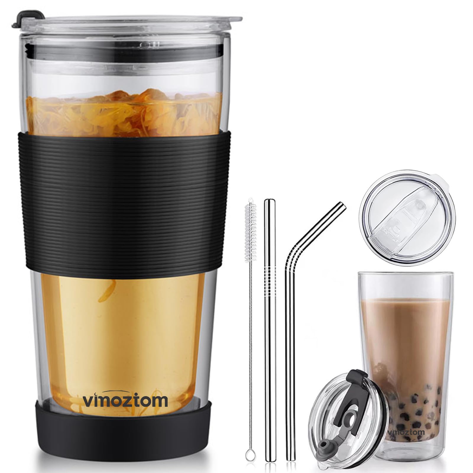 VIMOZTOM Double Wall Glass Tumbler with Straw and Leak-proof Lid, 17 oz Borosilicate Glass Coffee Travel Mug, Clear Reusable To Go Cup, BPA-free, Microwave Safe