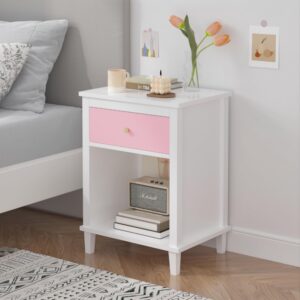 ALYIAMXL Kids Nightstand Modern Kids Bedside Table with Drawer & Open Storage Shelf Wood End Side Table Toddler Nightstand for Bedroom Living Room (Pink)