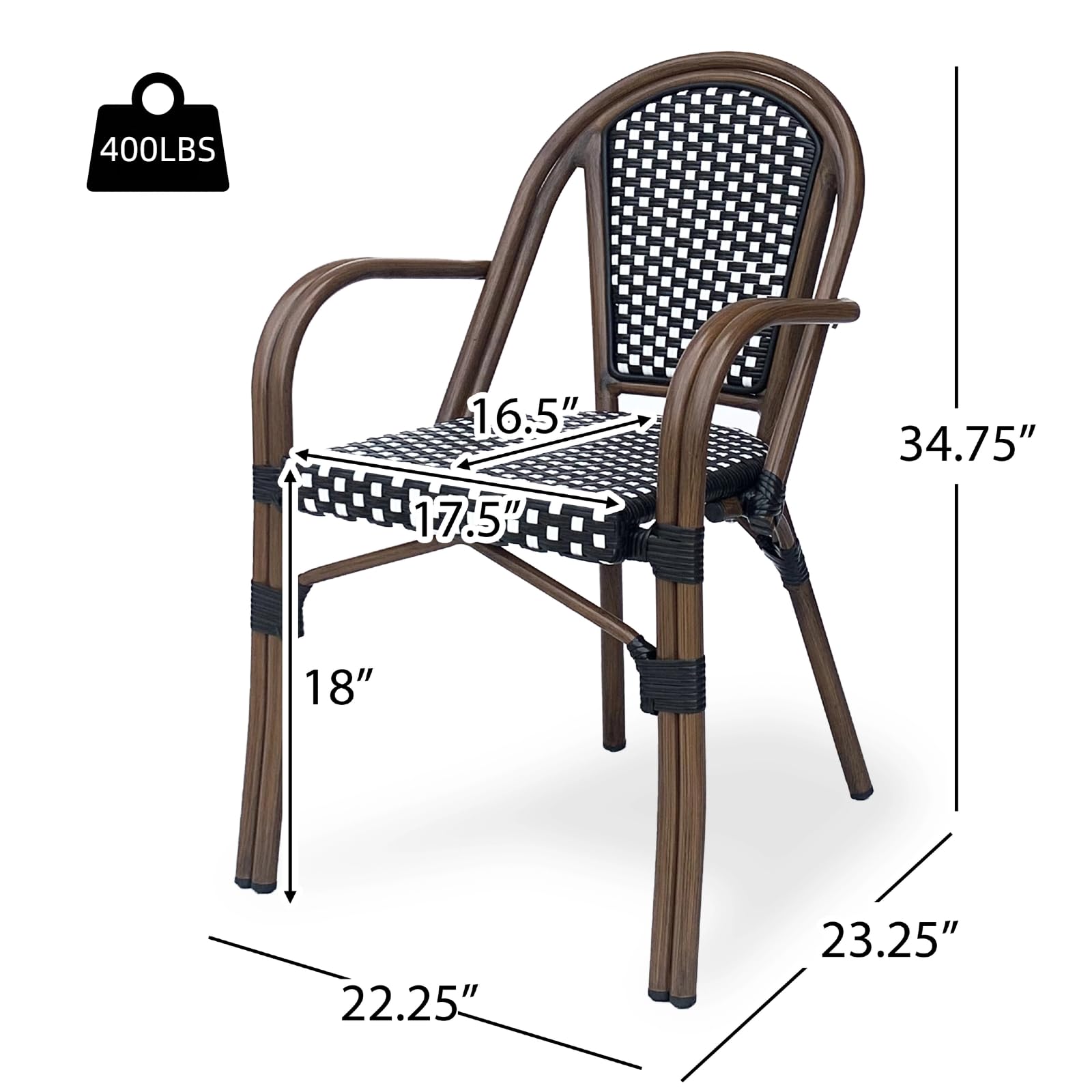 BKSFOAA French Bistro Chairs Set of 2 | Outdoor Hand-Woven Rattan Wicker Dining Armchair for Patio Porch Garden | Double Tube Aluminum Frame & Bamboo Print Finish | Black+White