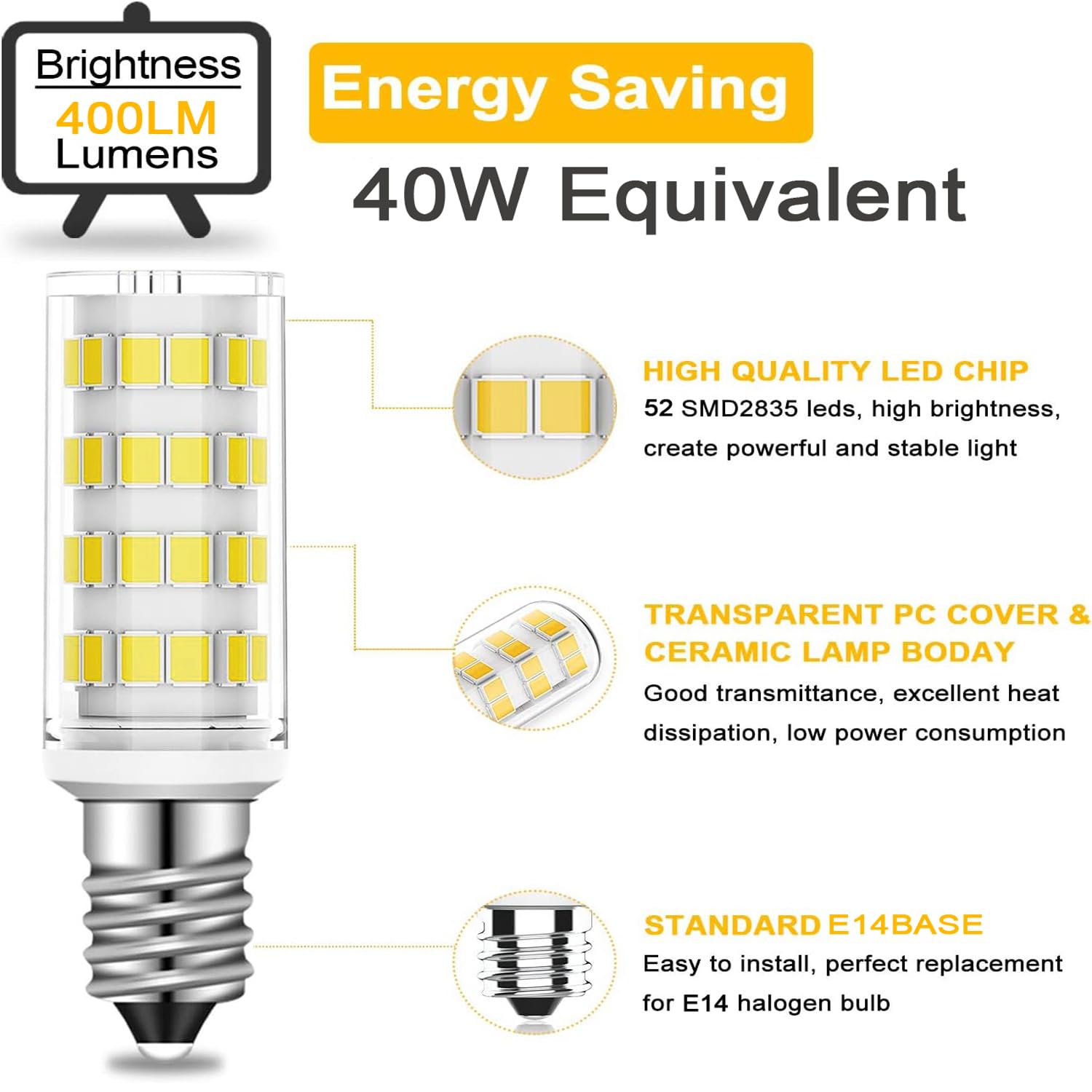 E14 European Base Bulb e14 led Bulb Turkish Lamp Bulb Replace Dimmable 4W Equivalent 40W Incandescent Bulb, AC 110V-130V Daylight White 6000K, 400LM 2Pack (Daylight White)