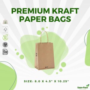 Saan-Pack Brown Paper Bags with Handles, 8" x 4.5" x 10.25", Pack of 250, Medium Kraft Paper Bags, Ideal as Gift Bags Bulk, Retail Bags, Merchandise Bags, Goody Bags, Wedding Gift Bag or To Go Bags