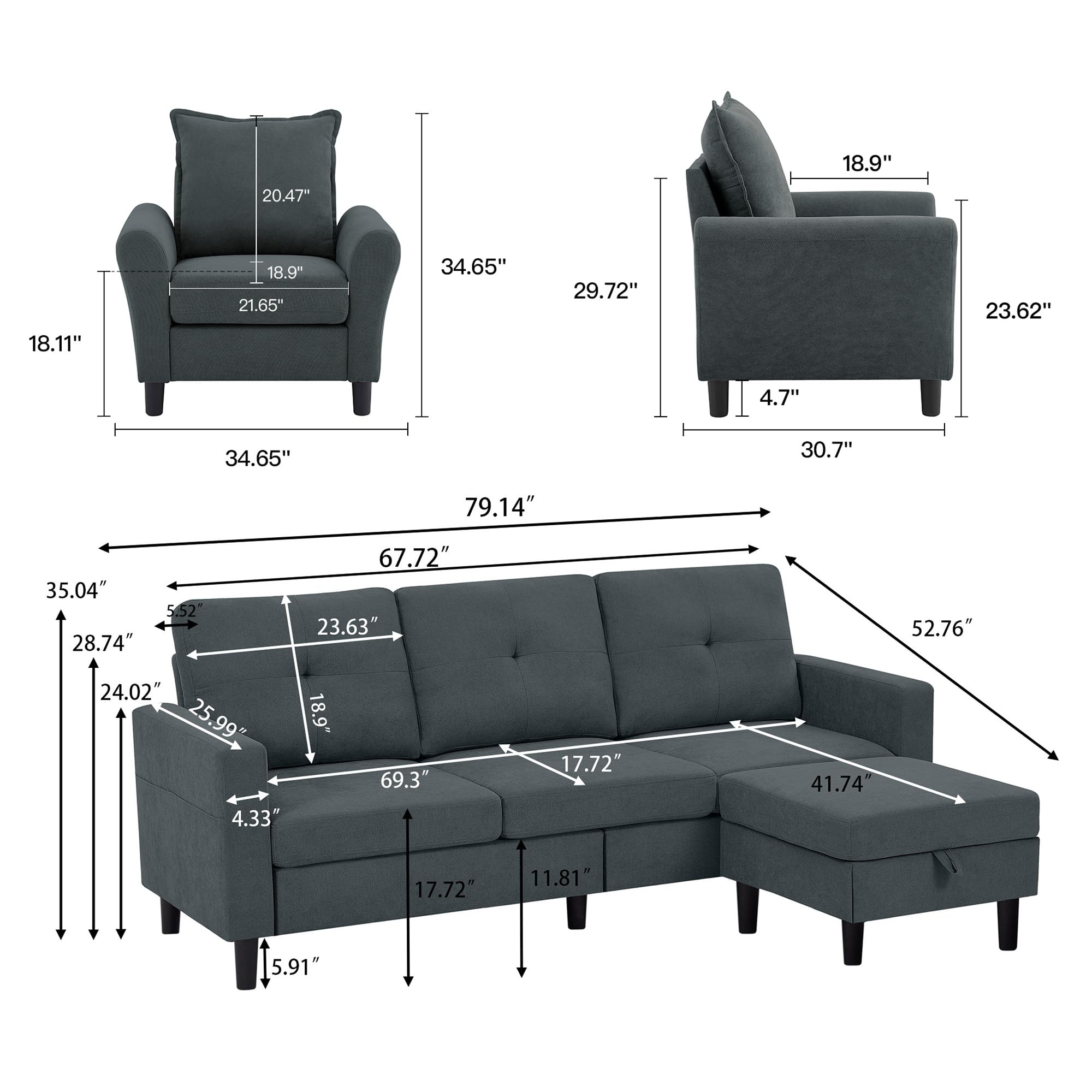 Chireca Convertible Sectional Sofa Set, Small L Shaped 3-Seat Couch with Reversible Chaise and Accent Chair, Modern Polyester Sofas Couches for Living Room, Dark Grey