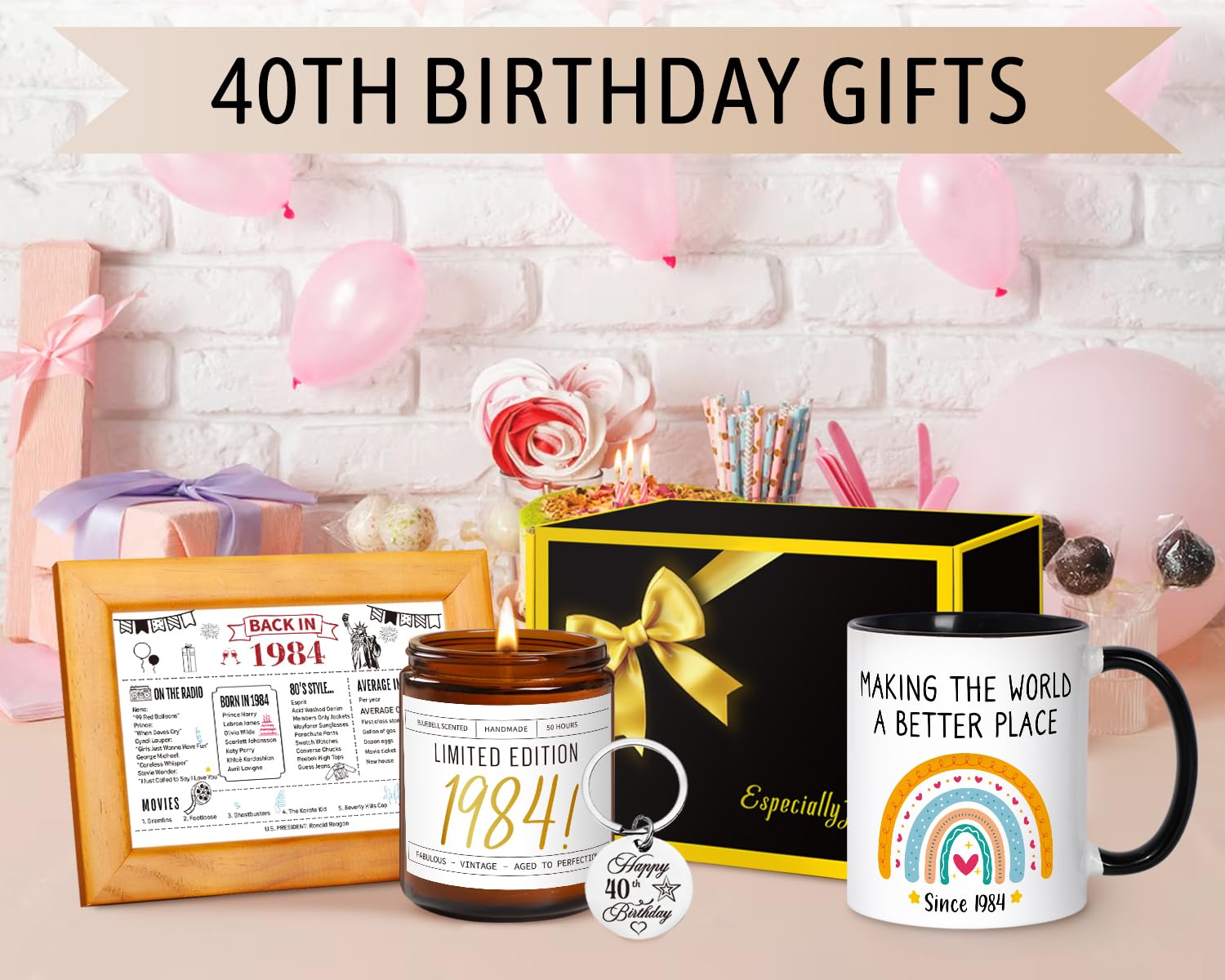 40th Birthday Gifts Women, 40 Year Old Birthday Gifts for Women, 1984 Birthday Gifts, Best Gifts for 40 Year Old Woman, 40th Birthday Gifts Ideas for Mom Sister Aunt with Mug, Candle, Keychain, Poster