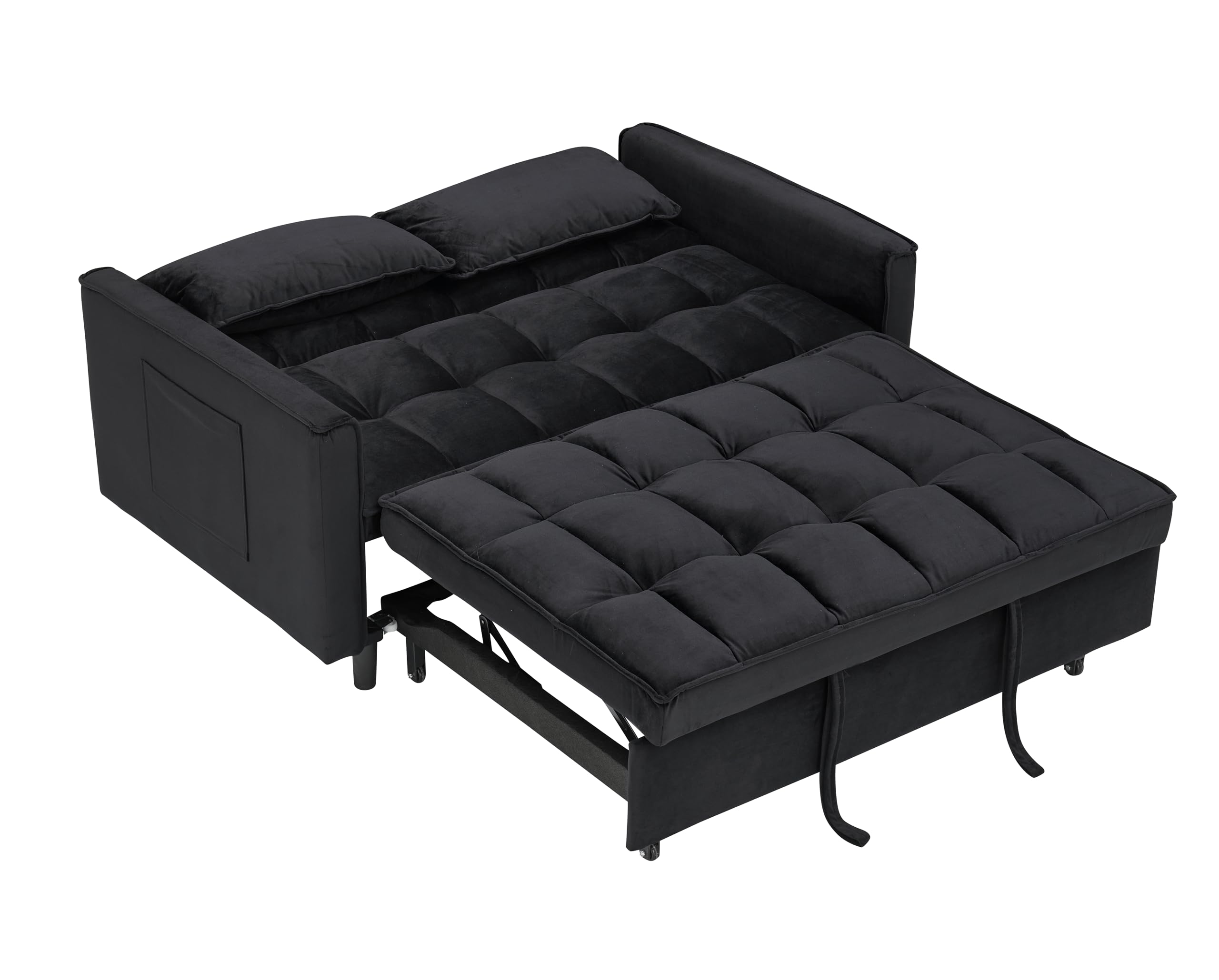 NDPQN 3 in 1 Convertible Sleeper Sofa Bed,Modern Pull Out Bed Couch, Velvet Upholstered Small Love Seat Lounge W/ 2 Pillows & Adjustable Back for Living Room Office (Velvet, Black)