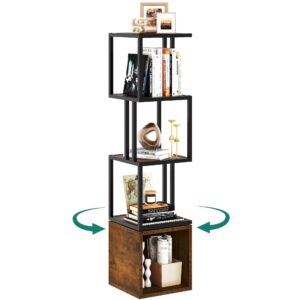 yitahome 4-tier rotating bookshelf 360 display floor standing bookcase for small spaces industrial narrow shelf organizer storage rack for bedroom, living room, study room,rustic brown