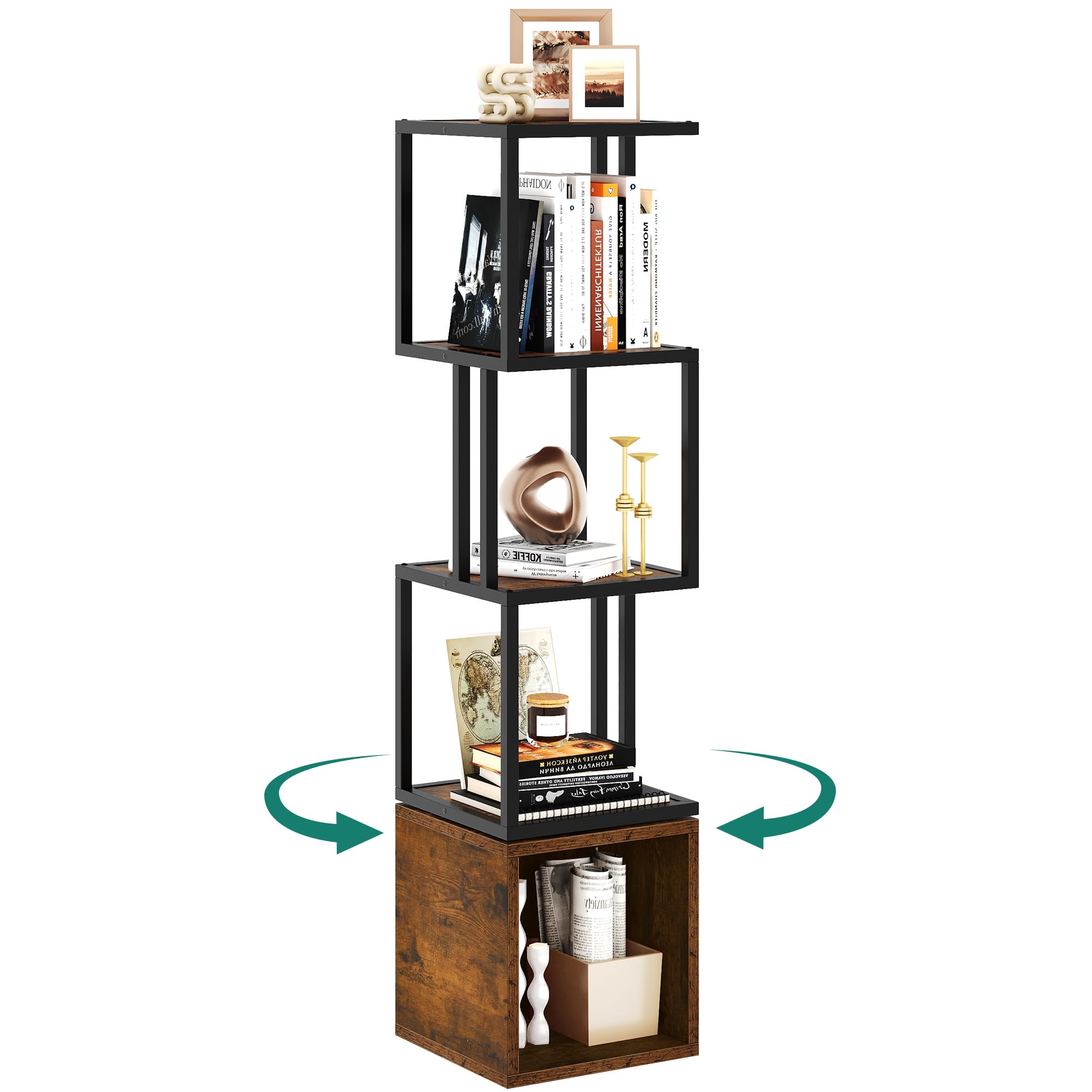 YITAHOME 4-Tier Rotating Bookshelf 360 Display Floor Standing Bookcase for Small Spaces Industrial Narrow Shelf Organizer Storage Rack for Bedroom, Living Room, Study Room,Rustic Brown