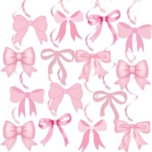 pink bow party hanging swirls decorations, girl bow theme birthday party decortions, coquette birthday party bow party decorations for bow birthday baby shower bridal shower bachelorette party decor