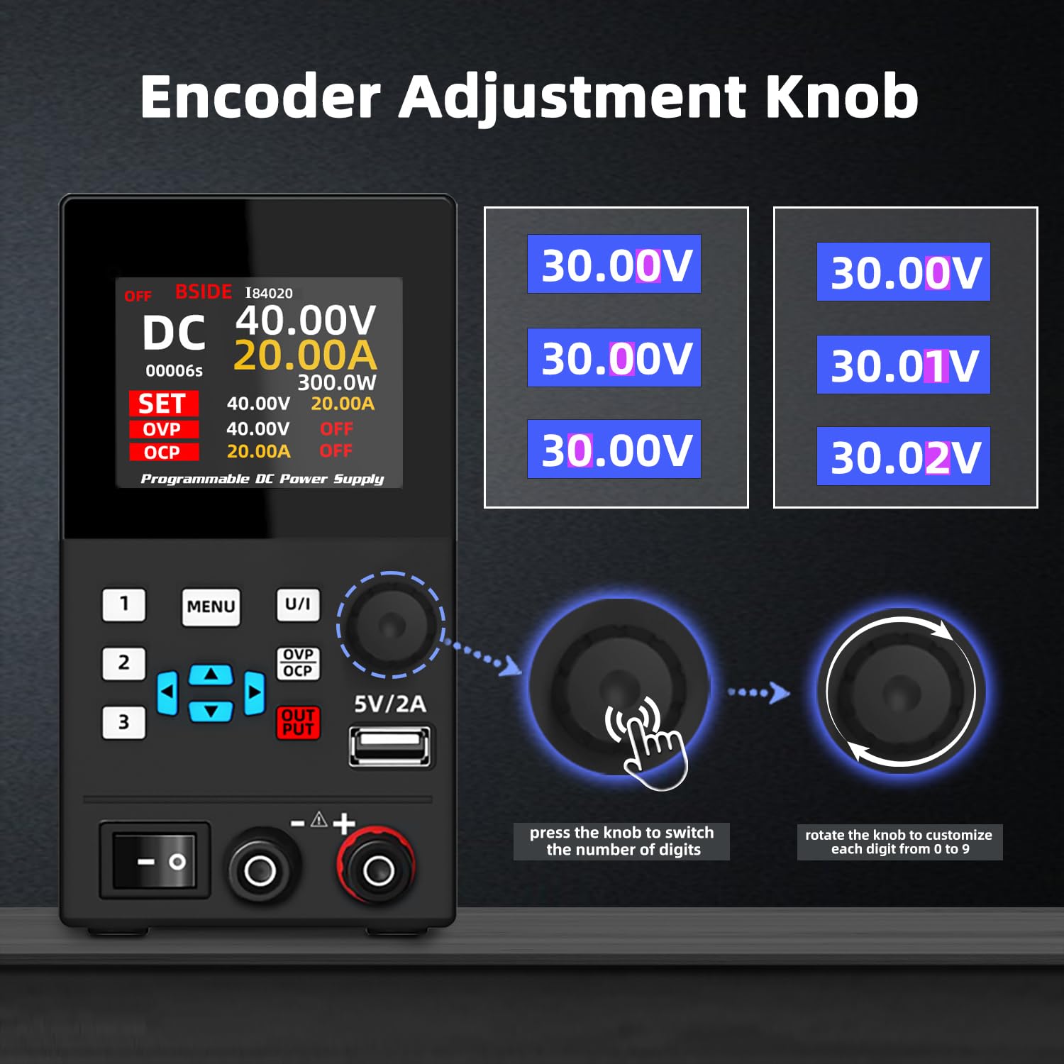 BSIDE 40V 20A DC Power Supply Variable, Programmable with Encoder Knob, Adjustable Switching Regulated Bench Power Supply, 4-Digits LED Display with Memory Storage, 5V/2A USB Ports and Output Button