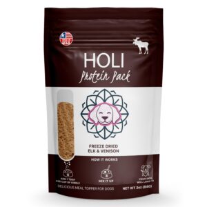 HOLI Freeze Dried Elk and Venison Dog Food Topper - 96% Meat, Wild Caught Free Range - Freeze Dried Dog Food Flavor Enhancer for Picky Dogs – 100% All Natural - 6oz