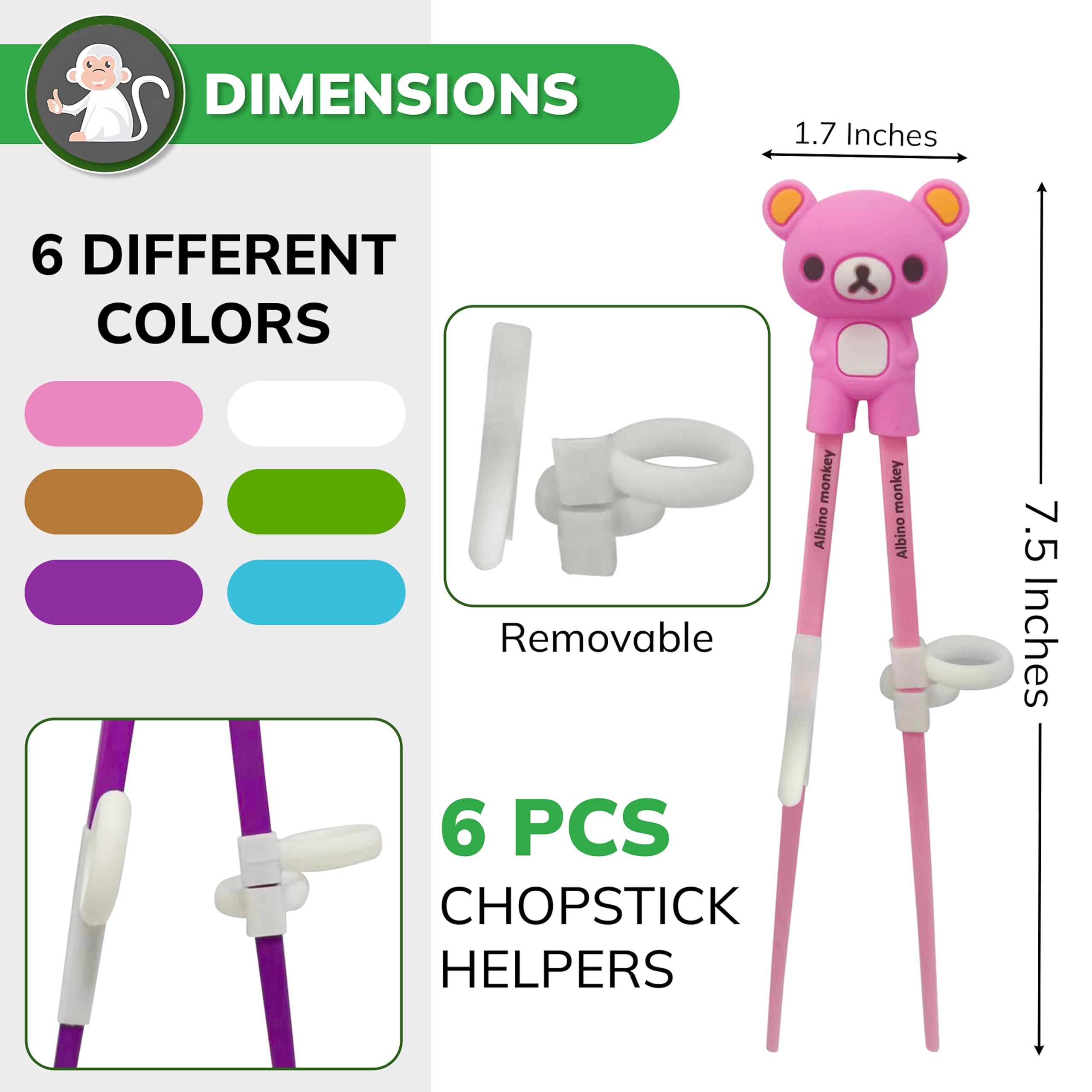 Kids Chopsticks For Beginners - Learning Edition - 6 Pairs + 6 Chopstick Helpers - Cute Bear Training Chopsticks, Dishwasher Safe