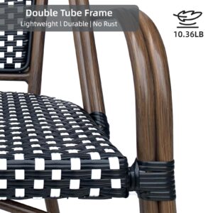 BKSFOAA French Bistro Chairs Set of 2 | Outdoor Hand-Woven Rattan Wicker Dining Armchair for Patio Porch Garden | Double Tube Aluminum Frame & Bamboo Print Finish | Black+White