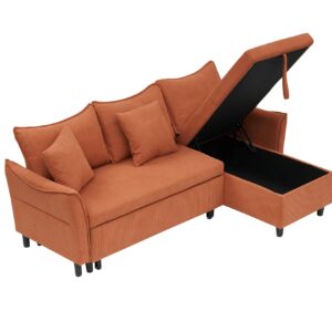 FHUKMZOI 80" Corduroy L-Shaped Convertible Sectional Couches Sofa with Reversible Storage Chaise, Pull-Out Sleeper Sofa Bed with Throw Pillows for Living Room, Office, Apartment (Orange)